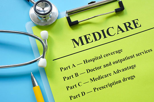 Papers about types of medicare insurance and a stethoscope.